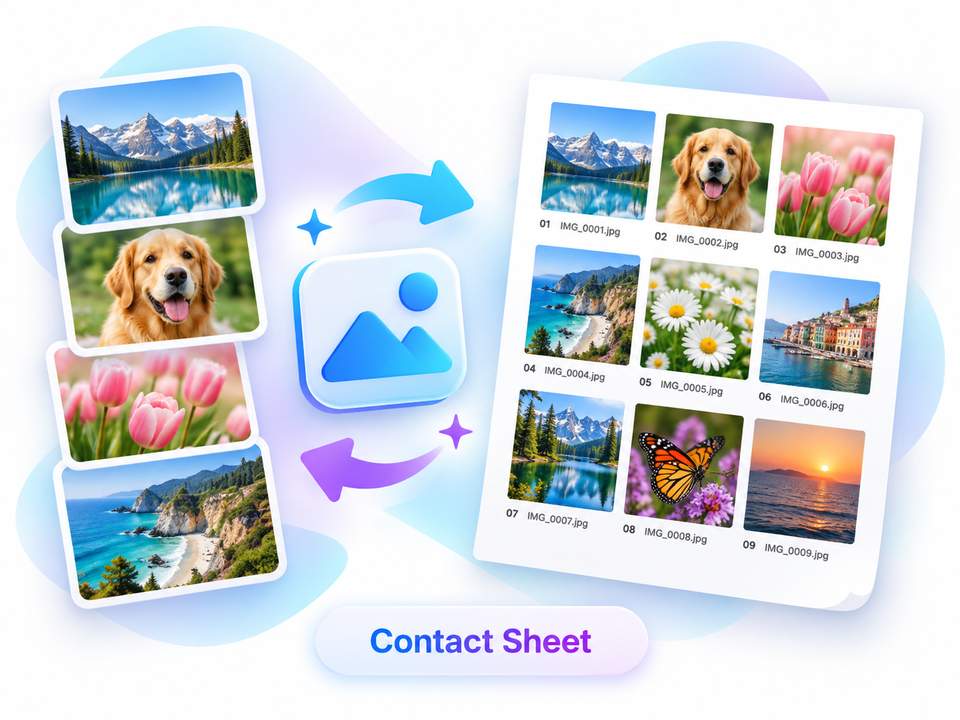 Free contact sheet maker — create labeled photo proof sheets on A4 or US Letter in your browser